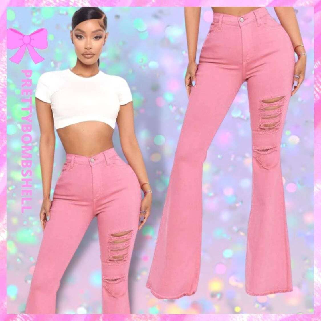 Fit Flair Ripped Denim Jeans Pink