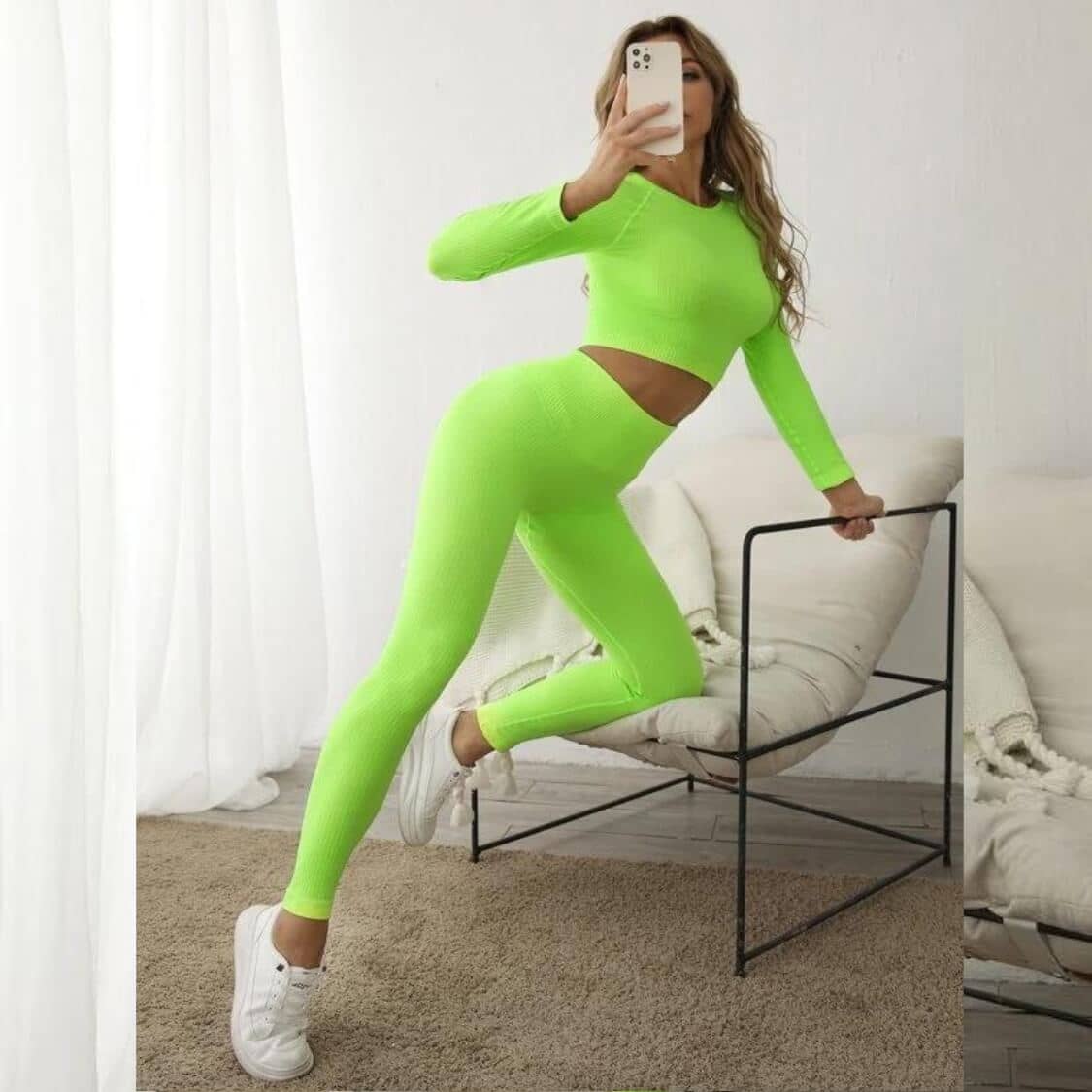 Seamless Long Sleeve Ribbed Yoga Set Neon Green