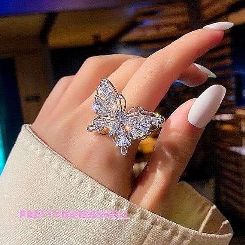 Silver Crystal Diamond Butterfly Ring