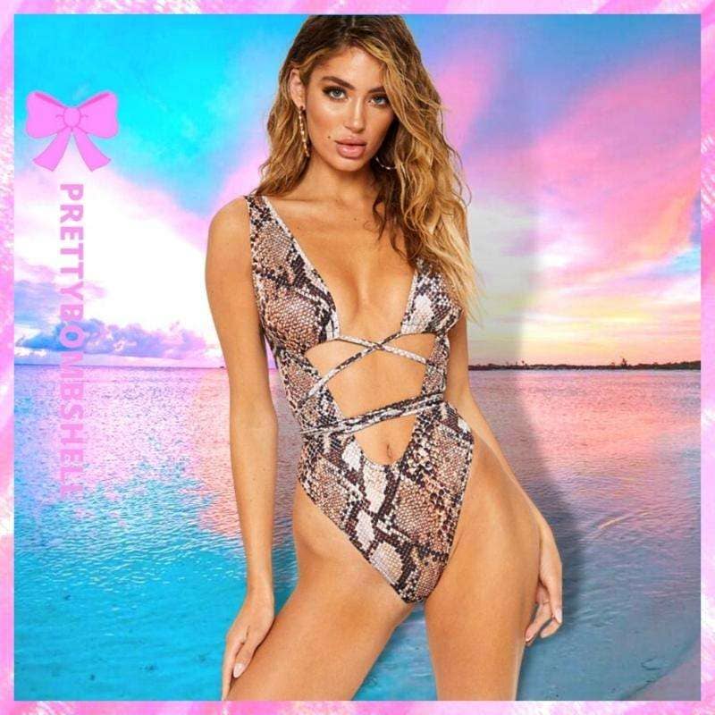 Brown Snake Print Strappy Swimsuit